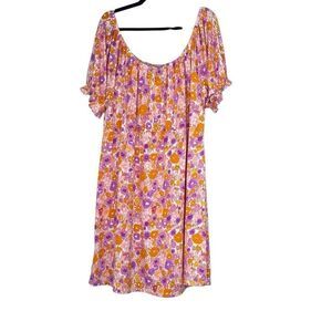 Societie 22/24 Purple Orange Floral Print Shift Dress‎ Short Sleeve Stretch Boho
